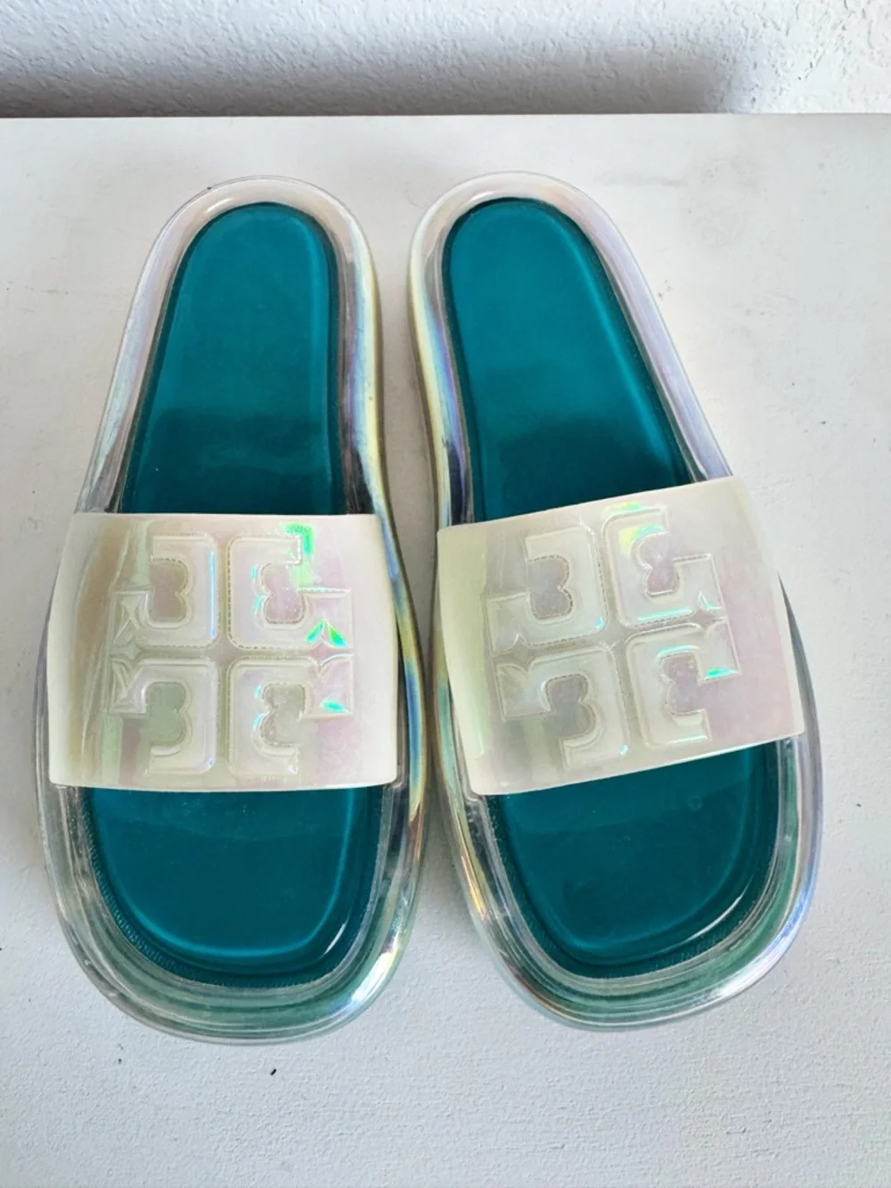 Nice Tory Burch Bubble Jelly Slides Size 9 Teal & White Iridescent
